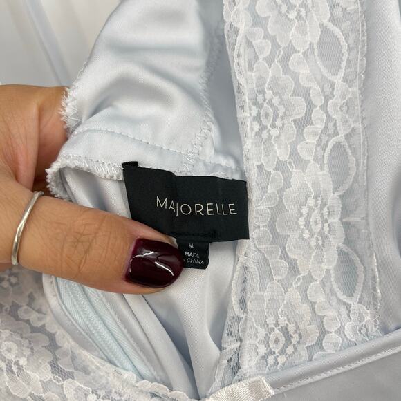 MAJORELLE | Libbie Mini Dress in Light Blue Babydoll Lace Trim Satin Coquette M - Picture 5 of 8